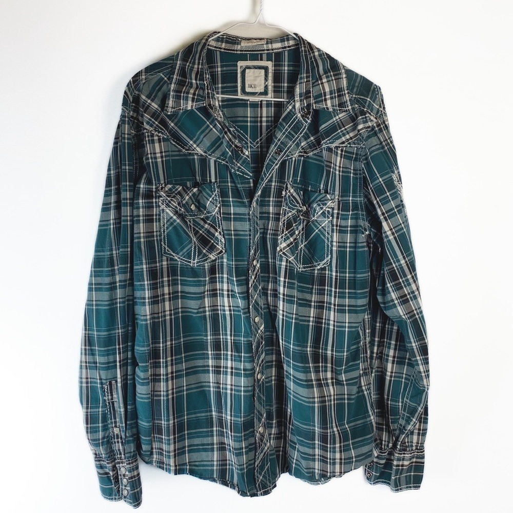 BKE plaid pearl botton snap button down Green Mens size Medium